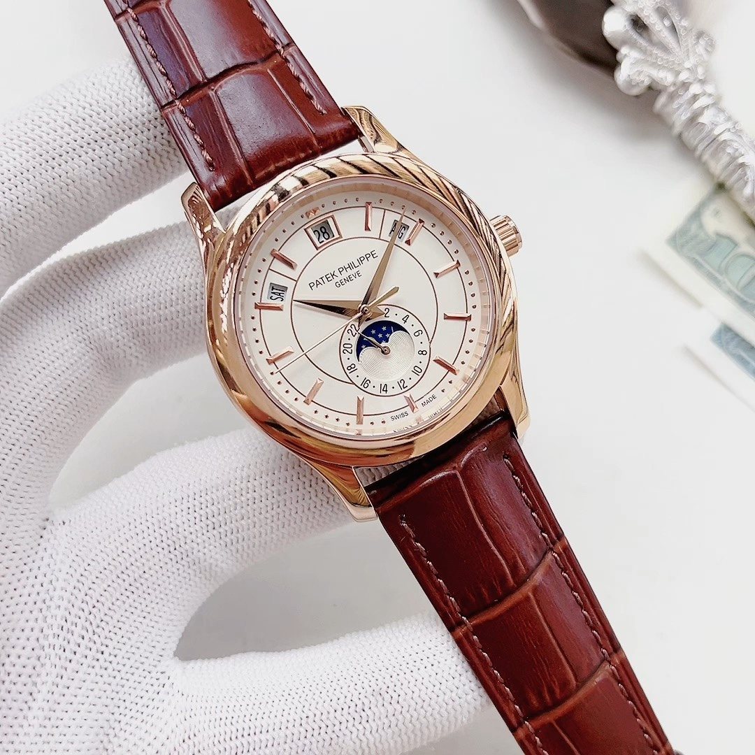 Patek Philippe Rose Gold-Tone Brown Leather Strap Watch — hero
